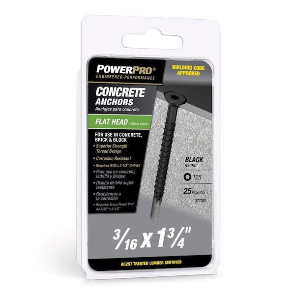 Concrete Screw Anchor, 1-3/4 in L, Carbon Steel 25 PK